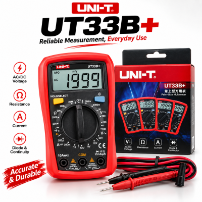 UNI-T UT33B+ Palm-Size Digital Multimeter – Entry-Level AC/DC Voltage, Resistance, Diode & Battery Tester with Clear LCD & CAT II 600V Safety